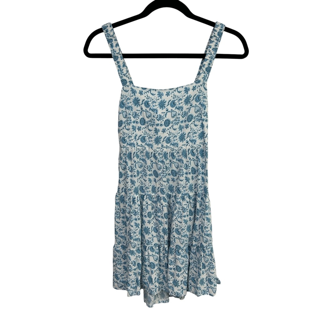 Blue Floral Open Back Sundress Small Tiered Cottagecore Coastal Summer Dress